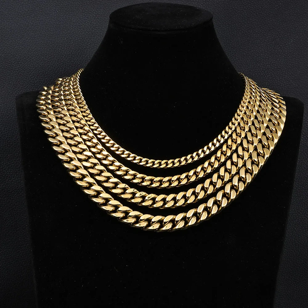 ESKEEM Hip Hop Jewelry 6/9/11/13MM PVD 14k Gold Plating Monaco Necklace Stainless Steel Miami Cuban Link Chains For Women Men