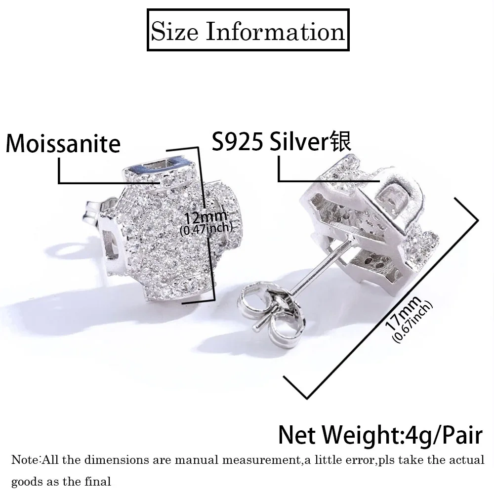 ESKEEM Fine Jewelry 12mm Iced Out Diamond VVS Moissanite Earrings Men 925 Sterling Silver Stud Earrings Women Jewelry