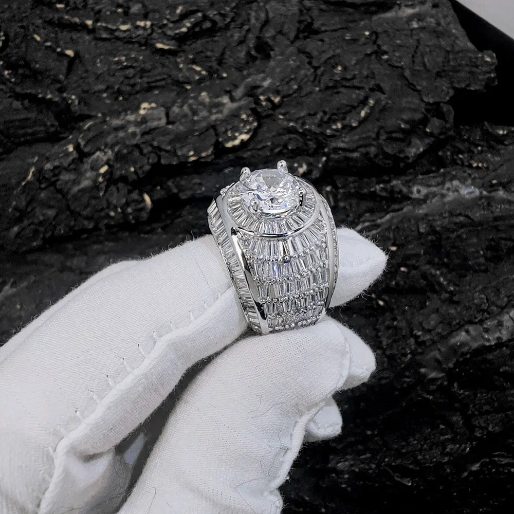 925 Sterling Silver Moissanite Ring D VVS Geometric Baguette Iced Out Ring with GRA  Hip-Hop Jewelry