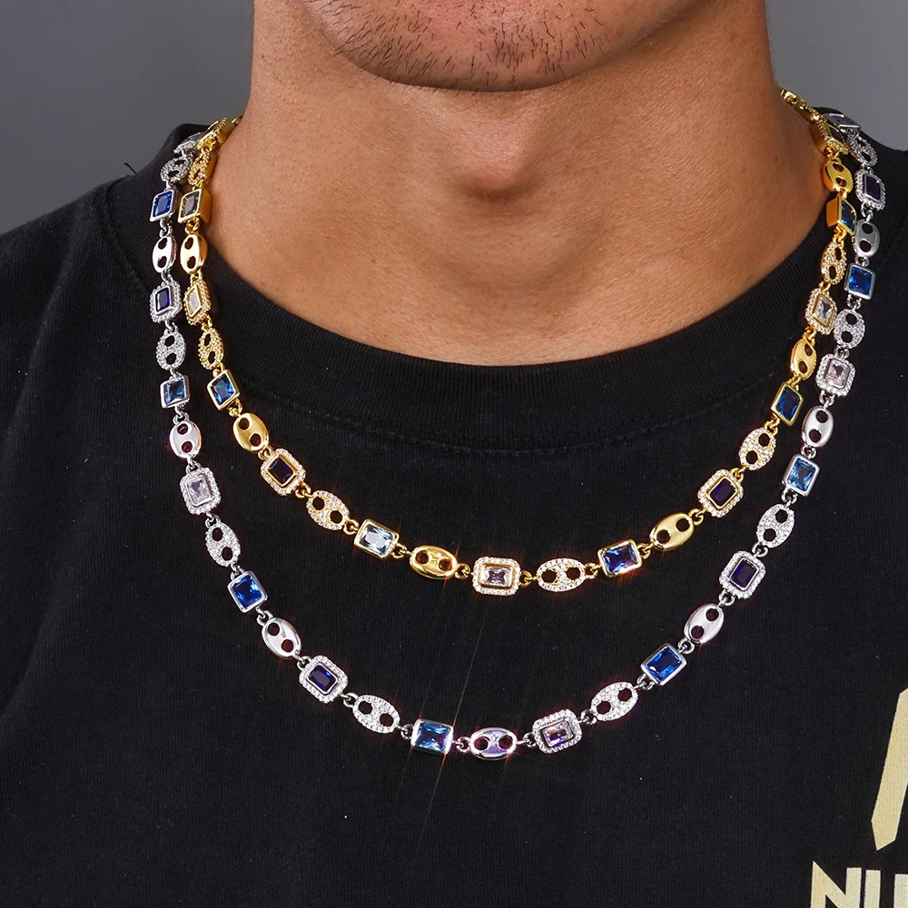 ESKEEM Sparkly Royal Blue/Sea Blue Tennis Chain New Iced Diamond Cubic Zirconia Pig Nose Link Necklace for Men Women
