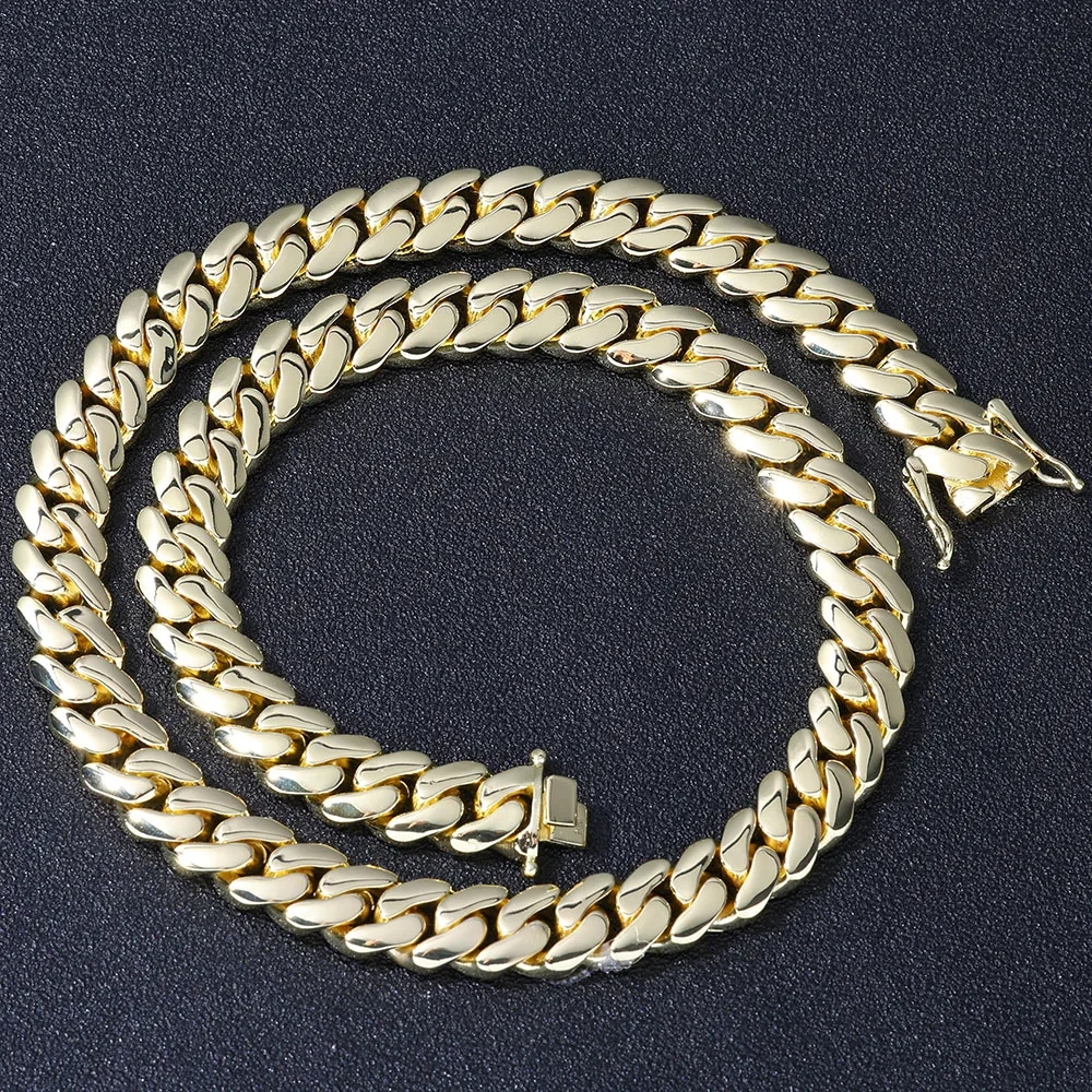 12MM Brass Choker 14K Solid Gold Plated Miami Cuban Link Chain Necklace Men Women Hip Hop Monaco Jewelry with Deep Carving 14k