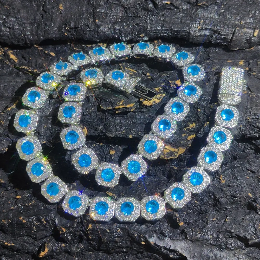 12mm Hip Hop Jewelry Pink/Treasure Blue/Sea Blue Girl Cluster Tennis Chain Cubic Zirconia Bling Diamond CZ Necklace For Women