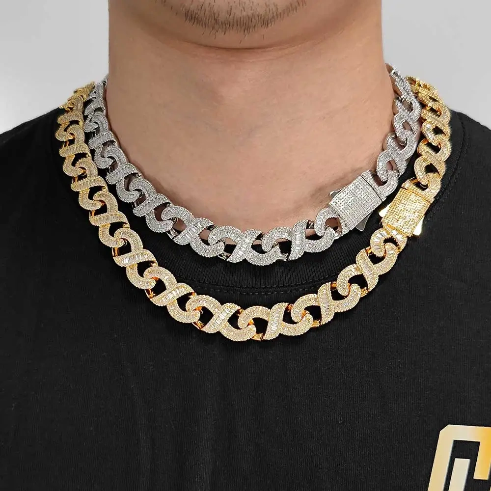 Hip Hop Jewelry 15MM Bling Iced Out Infinity Necklaces for Men Baguettecz Prong Setting 8word Cuban Link Chain Choker for Gift ﻿