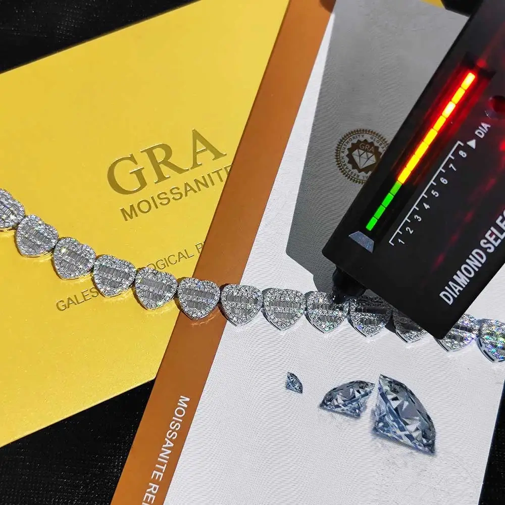 12mm High Quality VVS1 Moissanite Clustered Tennis Chain 925 Sterling Silver Heart Shape Diamond Tennis Chain For Women