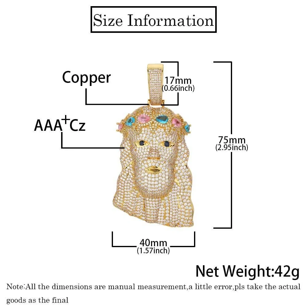 Mens Diamond Jesus Head Inlaid Colorful Zircon Silver Gold Face Christ Big Pendant For Gift Drop Shipping