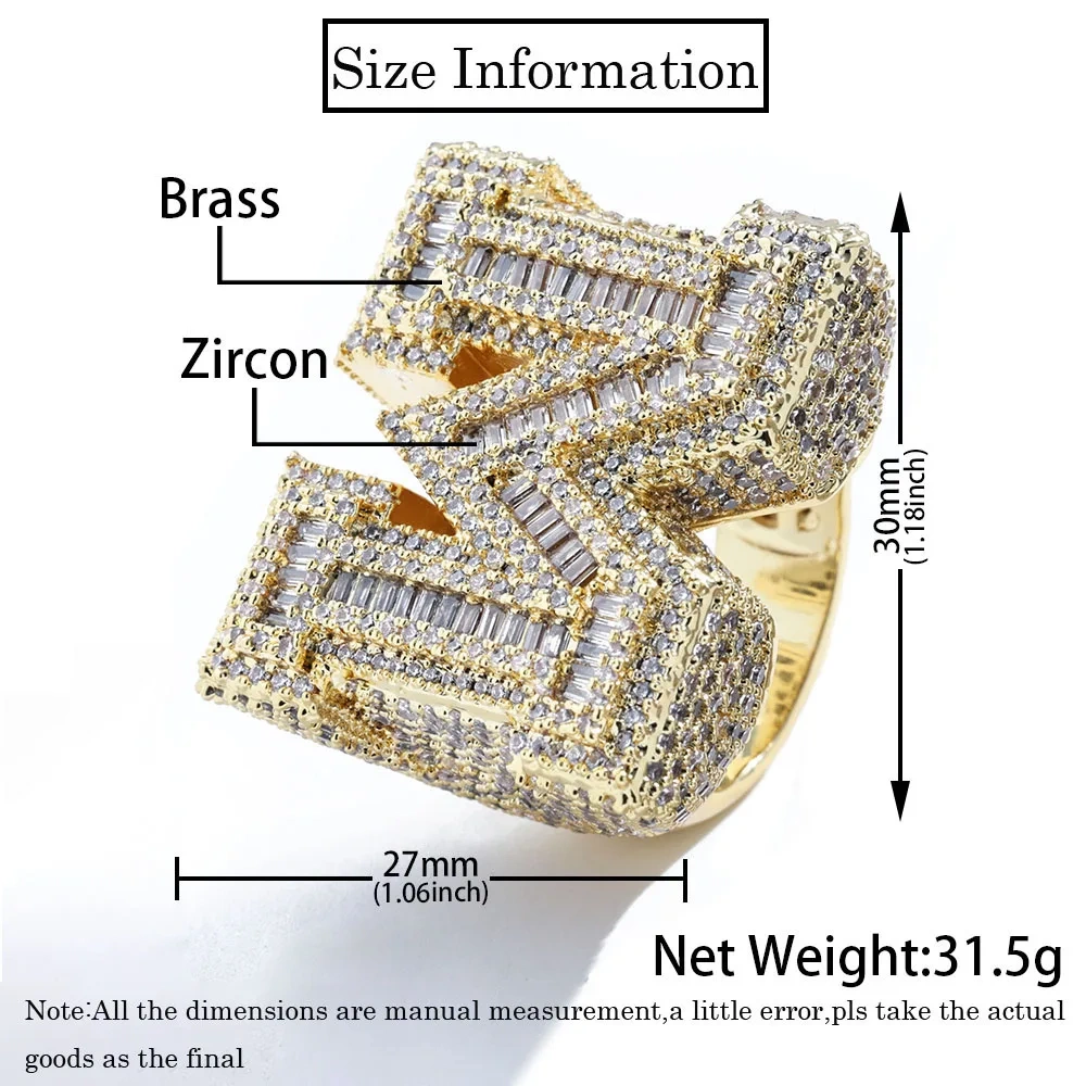 Best Quality Brilliant Rectangle Iced Out M Ring For Men Hip Hop M Initial Letter Round Cut Diamond Ring For Unisex jewelry