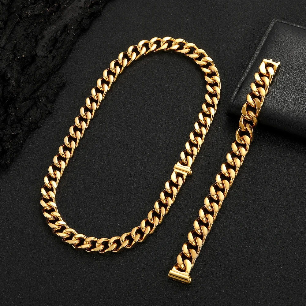 Hip Hop Fashion Jewelry PVD Plating Cuban Necklace Stainless Steel Chunky 10/12MM Miami Cuban Link Chains For Men Gift