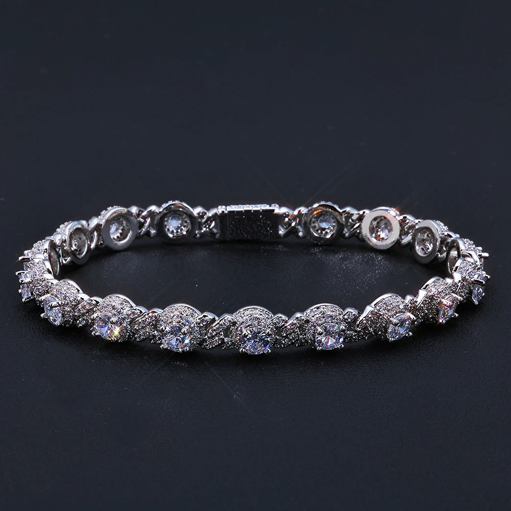Hip Hop High End Jewelry Diamond White Gold Iced Out Bracelet 7.5mm Big Cz Round Bead 1Row Cuban Bracelet for Women Men Gift