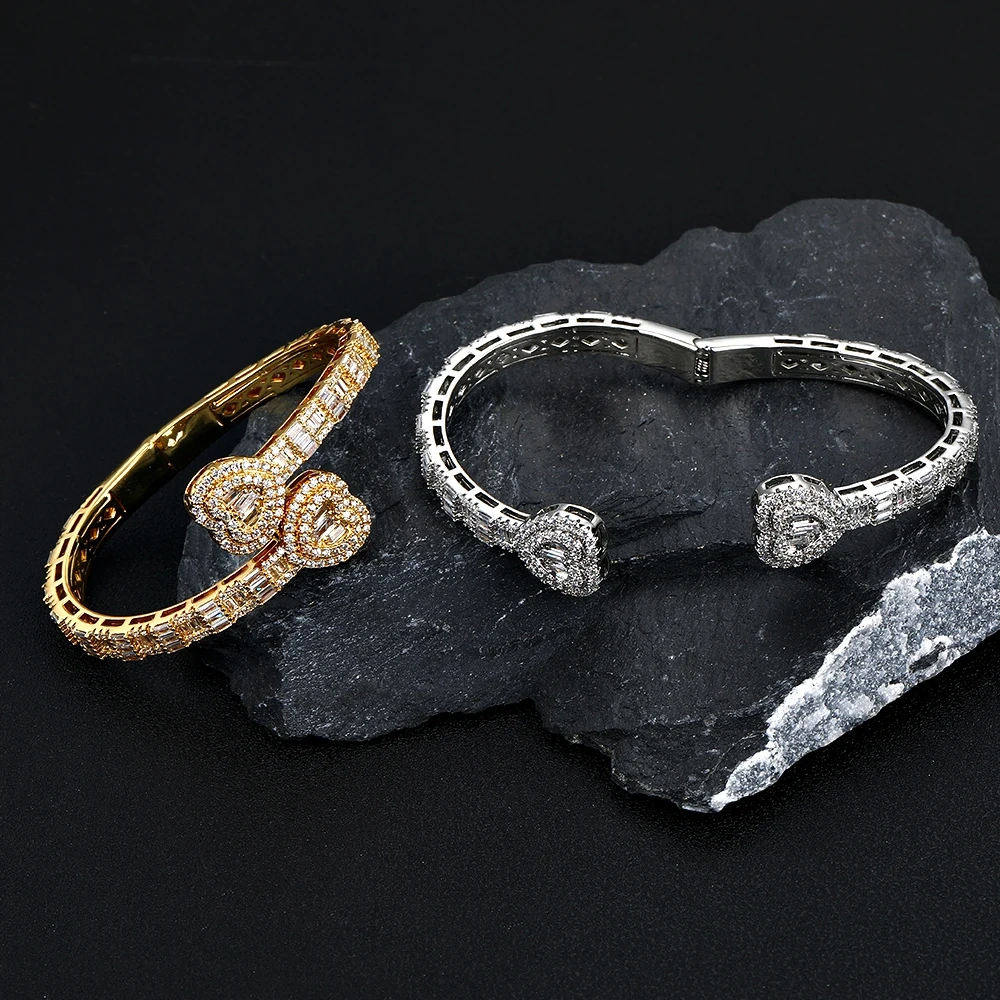 Fashion Hip Hop Jewelry Full Iced Out Heart Baguette CZ Bangle Bracelet Bling Bling Diamond Couple Bracelet 18K Gold Plated