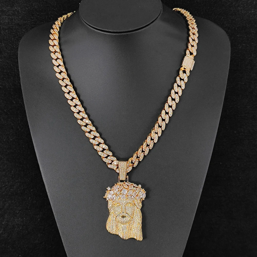 ESKEEM Bling Iced Out 5A CZ Jesus Face Pendant White Gold Plated Big Jesus Head Charm Hip Hop Jewelry wtih 12mm Cuban Chain