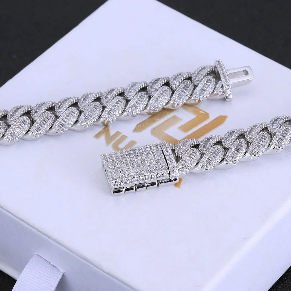 Hip Hop Jewelry Baguette Cuban Link Chain Iced Out Mixed Inlay Simulated Diamond Stones Bling 12mm Miami CZ Necklace Men's Gift