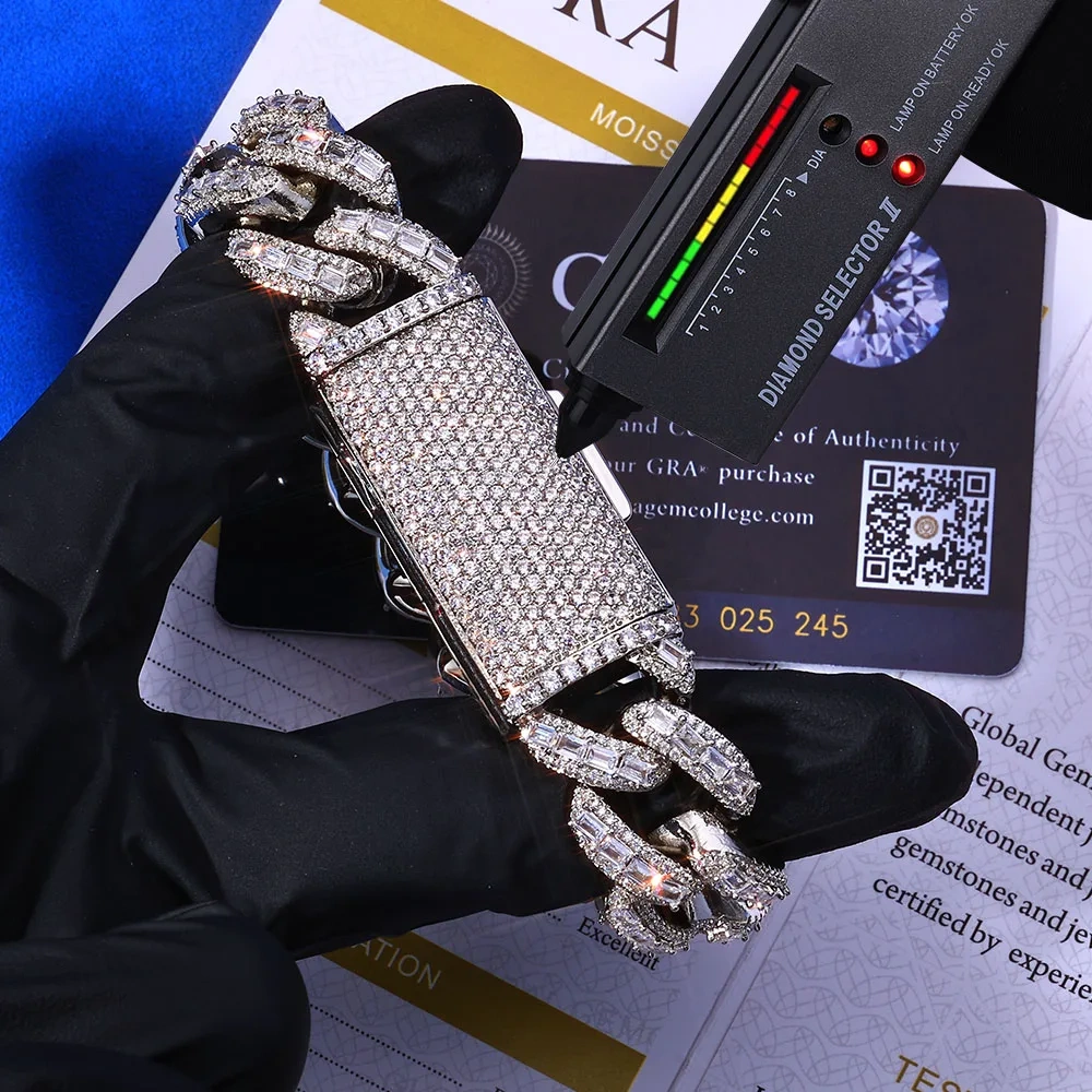 NUOYA 18mm 3 Row Moissanite Cuban Link Chain 925 Silver Full Iced Out VVS Moissanite Bracelet Hip Hop Jewelry