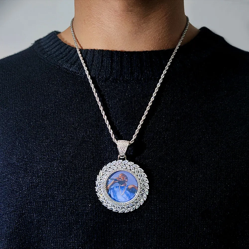 Hip Hop Iced Out Jewelry Picture Custom Pendant Blank Zircon Medallion Photo Necklace Free Item Engraving Logo And Shipping