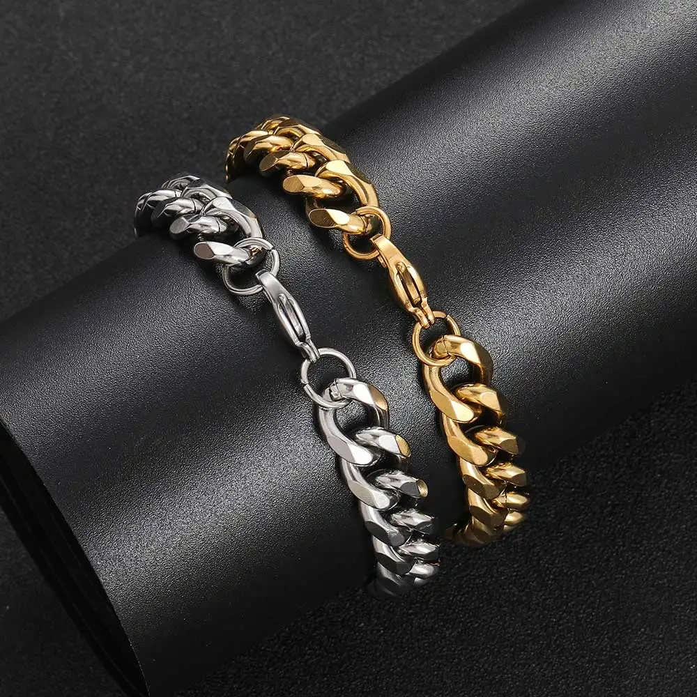 11MM Width Hip Hop Jewelry High Polished Stainless Steel 6 Sides Cut Miami Cuban Link Chain 7-9inch Bracelet for Men Women