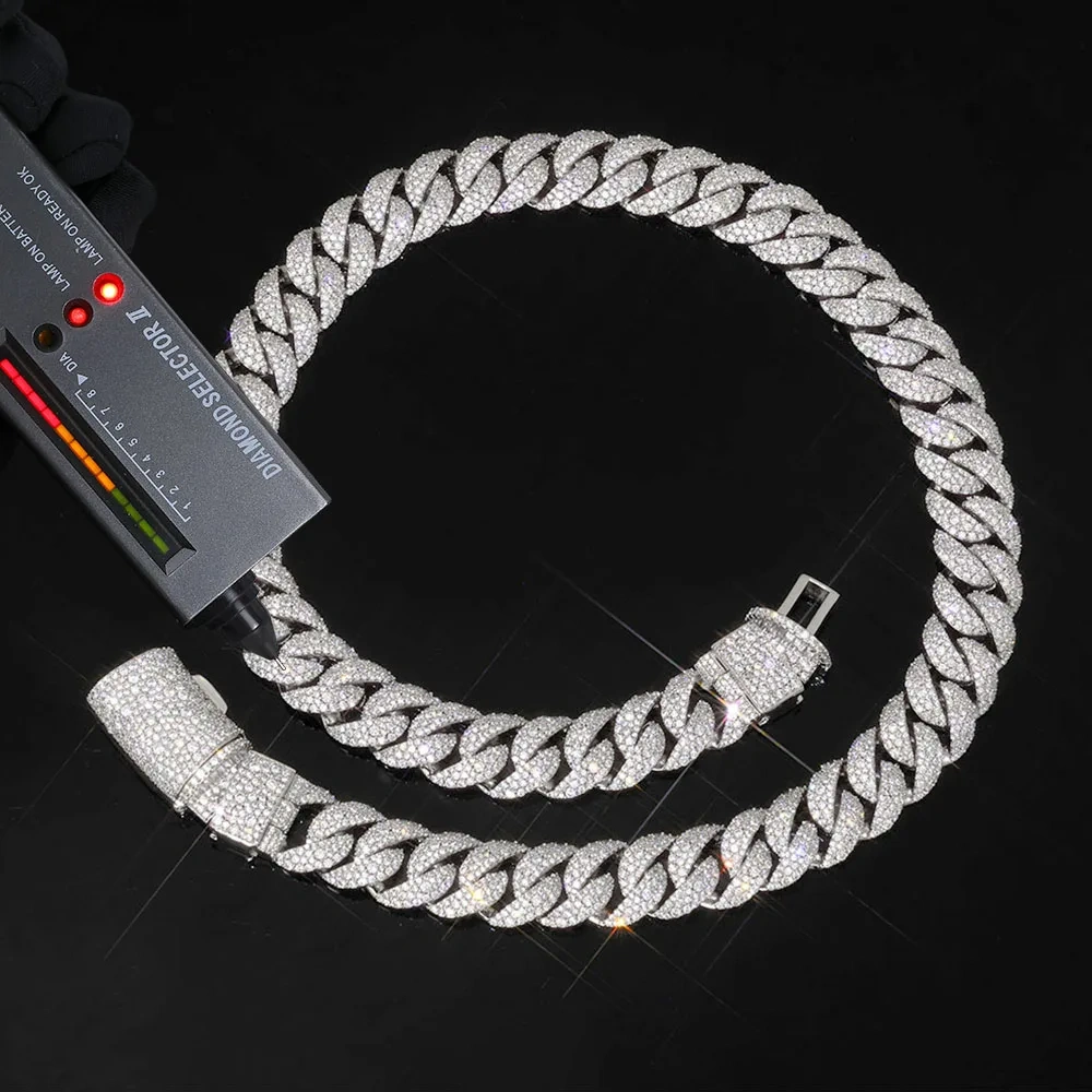 ESKEEM Mens 14mm 925 Silver VVS Moissanite Cuban Link Chain with Long Clasp Pass Diamond Test Iced Out Necklace Hip Hop Jewelry