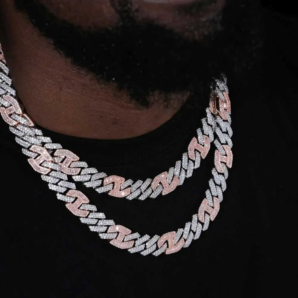 Hip Hop 15mm Iced Out Cuban Link Chain Shiny CZ Stone Pink Two Color Plated Pig Nose Cuban Necklace For Women Men