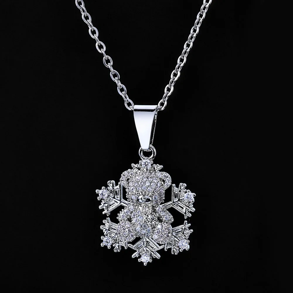 ESKEEM Bear Shape Snowflake Pendant Necklace Silver Plated Iced Out Zircon Charm Pendant for Christmas Gift Jewelry