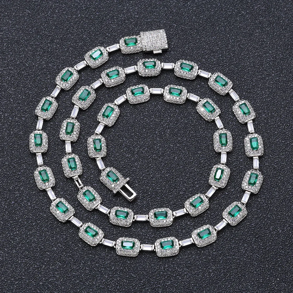 Round Square Green CZ Cluster Bead Link Chain Full Iced Out Bling Emerald Diamond Tennis Necklace For Valentine's Day Gift