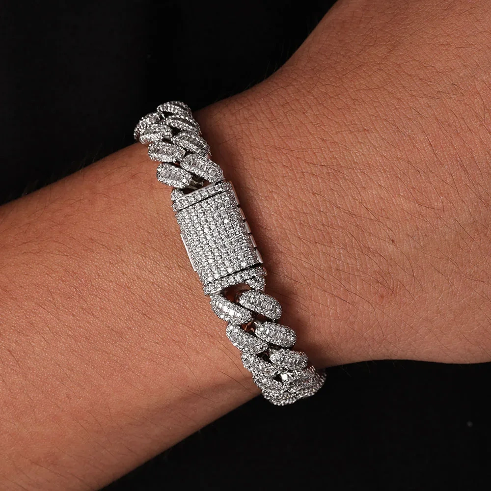 Hip Hop Jewelry Baguette Cuban Link Chain Iced Out Mixed Inlay Simulated Diamond Stones Bling 12mm Miami CZ Necklace Men's Gift