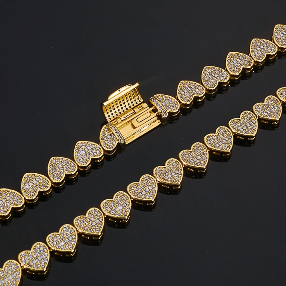 ESKEEM 8mm Iced Out Baguette Heart Tennis Chain Bracelet Silver Plated Zircon Mixed Inlay Hip Hop Women's Fine Jewelry