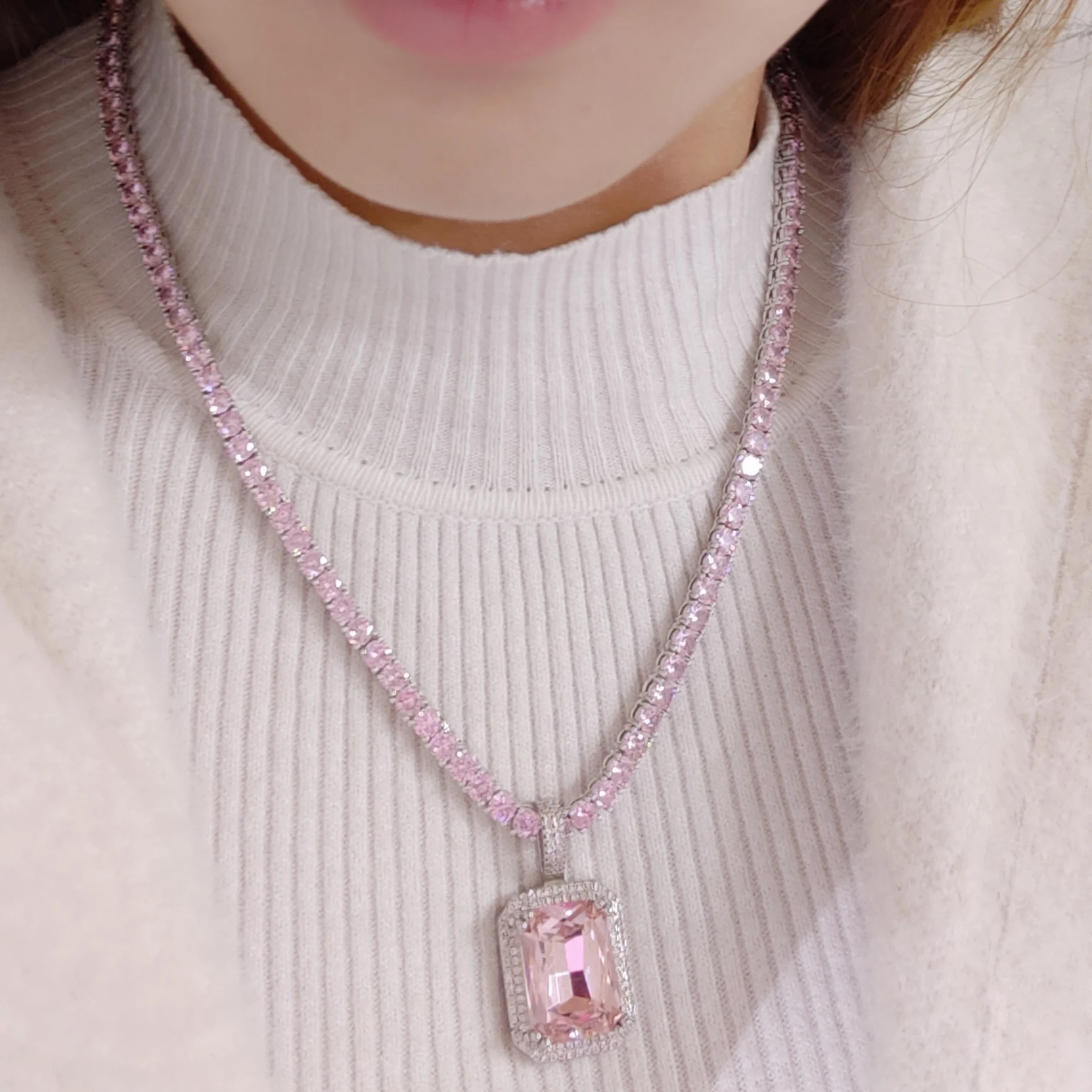 Custom Hiphop Bling Cz Charms More Color Aquamarine Red Ruby Emerald Rose Gold Plated Magnolia Crystal Pendant With Tennis Chain