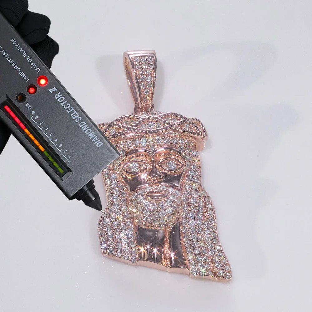 ESKEEM Hip Hop Jewelry Moissanite Charm Pendant Pass Diamond test 925 Silver Rose Gold Plated Small Jesus Head Pendant Necklace