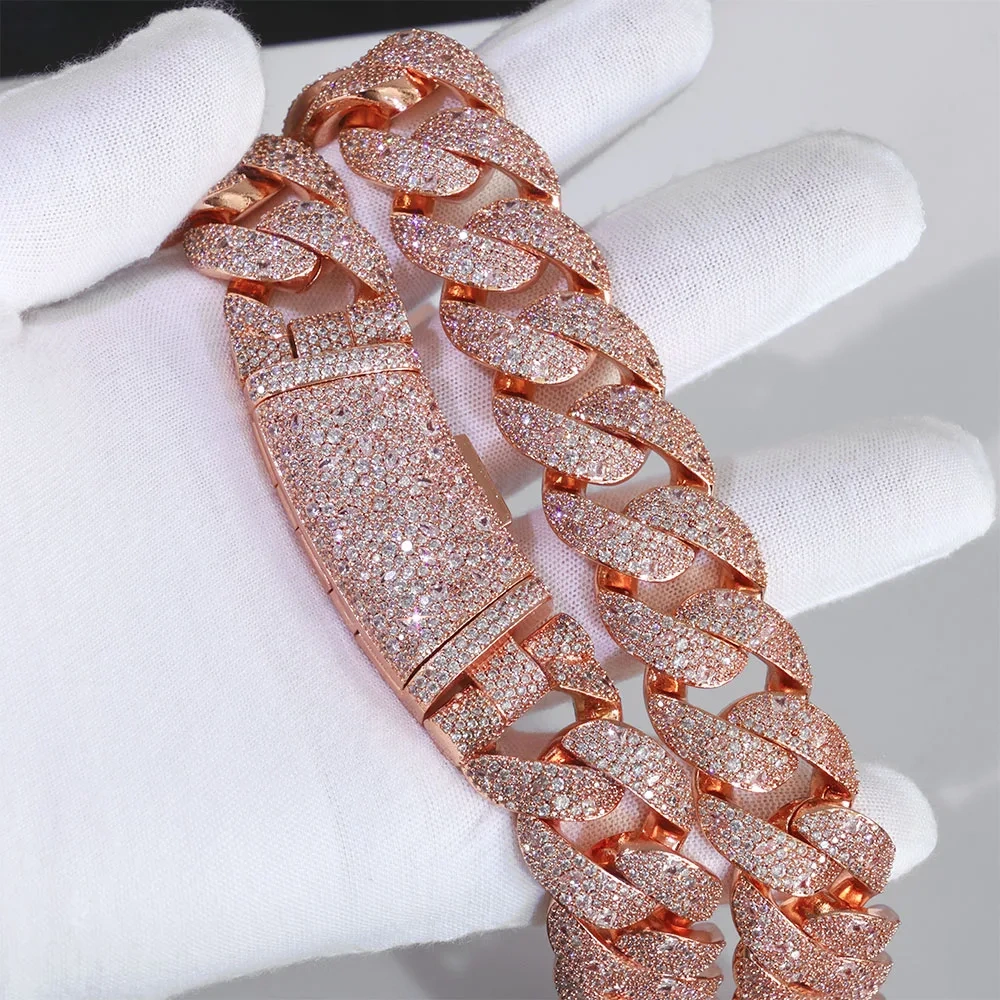 ESKEEM Luxury Curved Flip Buckle Rose Gold Plated Cuban Chain 22MM Iced Out Zircon Diamond Necklace Men Women Hip Hop Jewelry