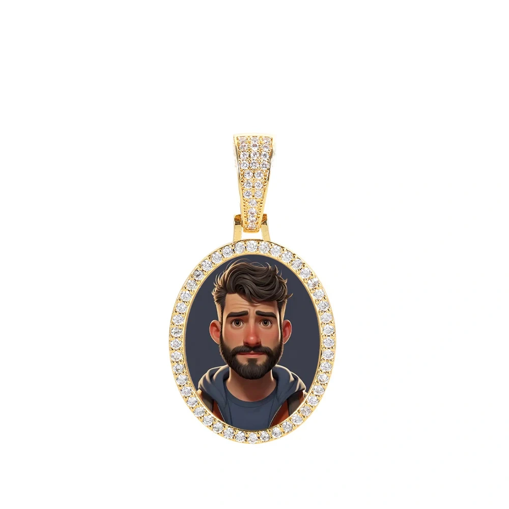 Hip Hop Iced Out DIY Photo Frame CZ Pendant Custom Ellipse Picture Pendant Necklace Personalized Women Men Rapper Jewelry