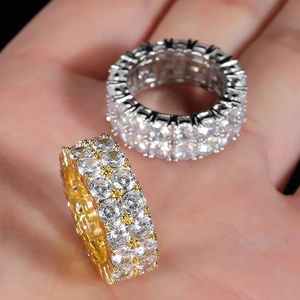 Hip Hop Rapper Rock Ring Fashion Jewelry Iced Out Rectangle Double Row 3A CZ 8MM Ring For Women And Men Christmas Gift