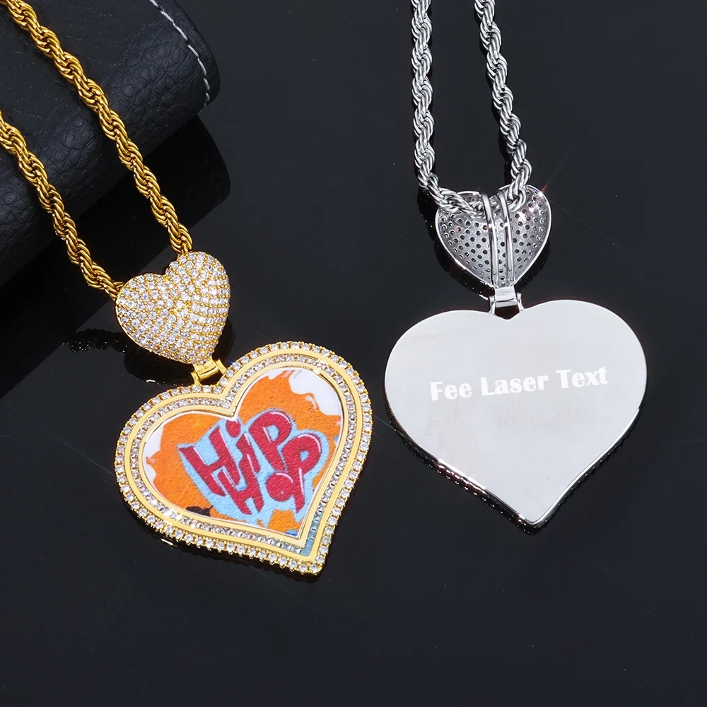 ESKEEM Personalized Customized Iced Out Heart Photo Chain Heart Shape Hook Picture Pendant Lover Family FestivalGift