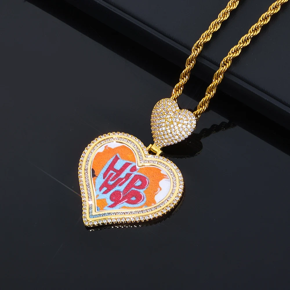 ESKEEM Personalized Customized Iced Out Heart Photo Chain Heart Shape Hook Picture Pendant Lover Family FestivalGift