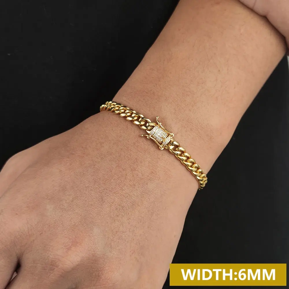 6/8/10/12/14/16MM Hip Hop Rock Zircon Clasp Cuban Bracelets For Men Stainless Steel Jewelry