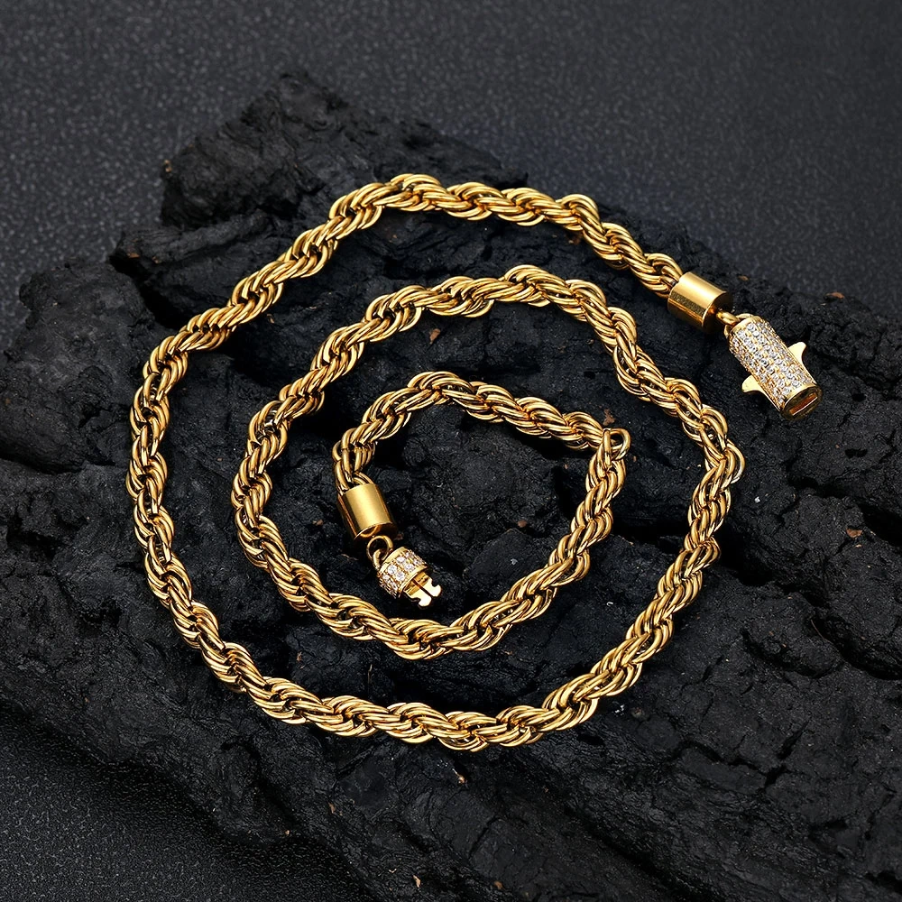 New Style 6mm Iced Out Clasp Rope Chain Stainless Steel Twist Rope Chain Necklace Jewelry For Women Drop Shipping