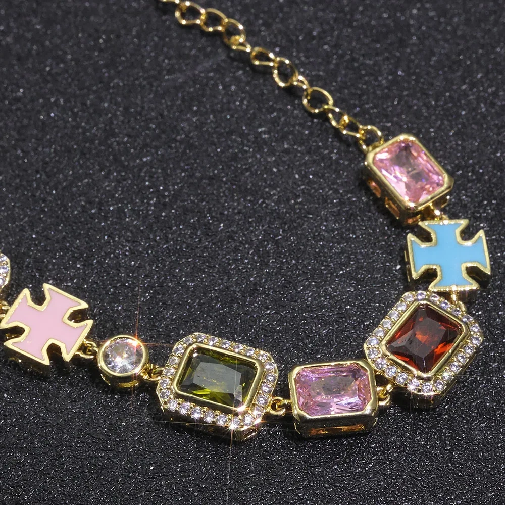 ESKEEM Hip Hop Iced Out Multi Color CZ Gemstone Tennis Bracelet Mixed Luxury Enamel Motif Jewelry Extension Chain Gift for Women