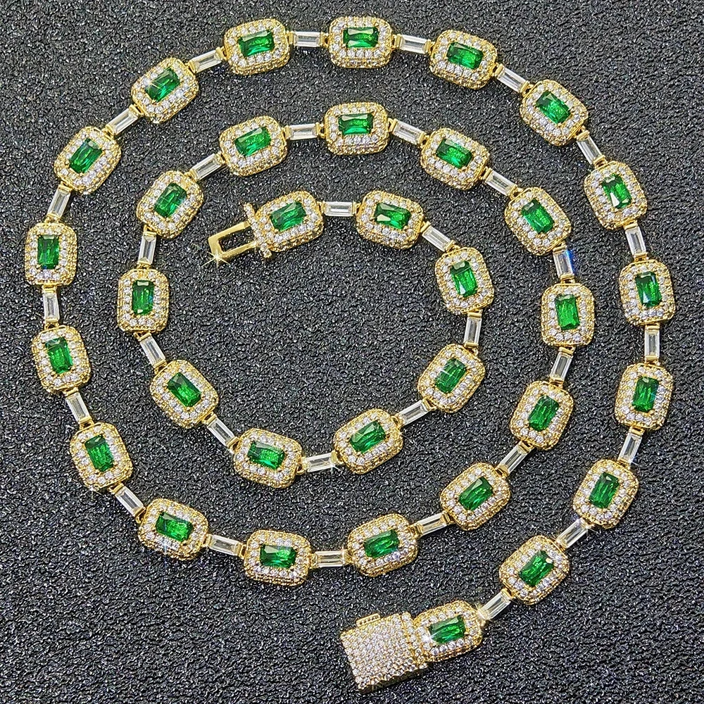 Hiphop Fashion Jewelry 7mm Sparkling White Gold Plated Green Baguette Diamond Chain Bracelet Brass Zircon Emerald Bracelet