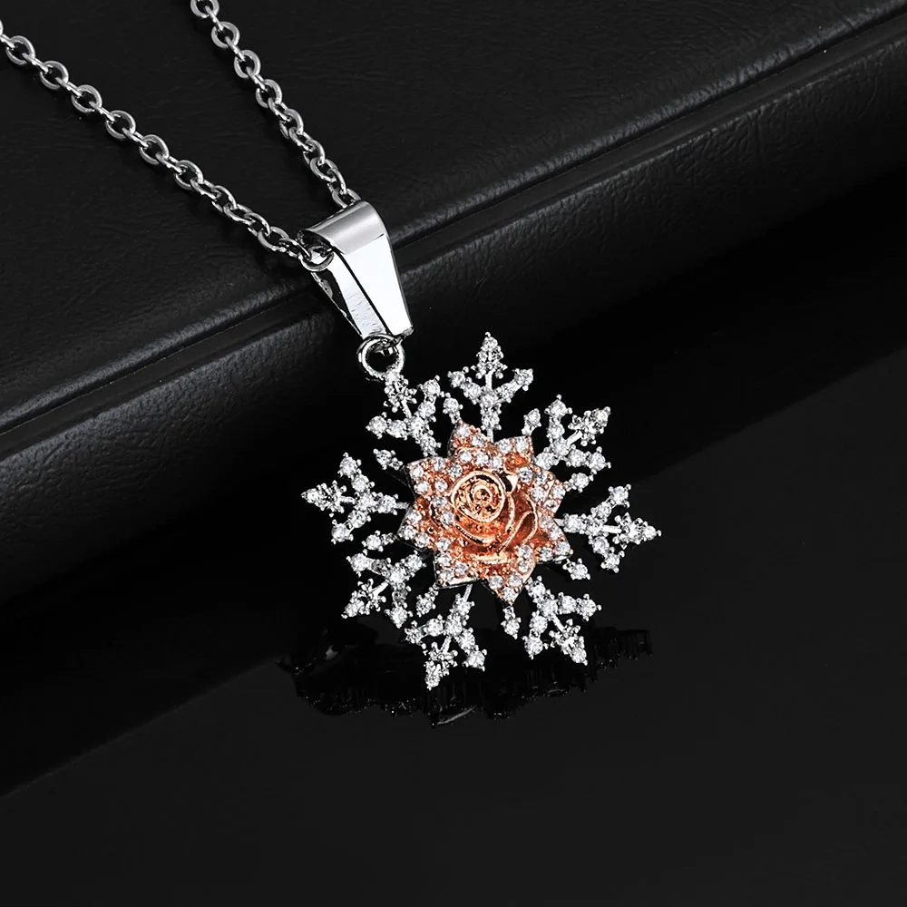 ESKEEM Fashion Christmas Jewelry Sparkling Snowflake Pendant With Roses Flowers Full Diamond Pendant Necklace Jewelry Present