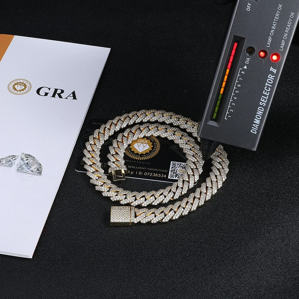 Hip Hop Jewelry VVS Certificate Double Row Iced 12MM S925 Sterling Silver Necklace Moissanite Diamond Miami Cuban Link Chain