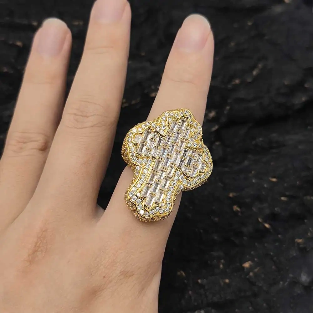 Hip Hop Luxury Religions With Christianity Ring Jewelry Iced Cubic Zirconia Big Cross Ring For Men Women