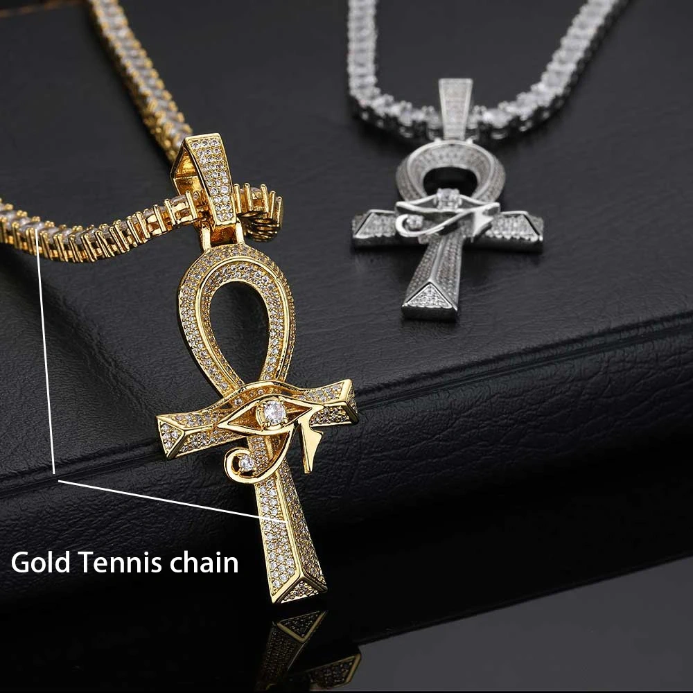 Ancient Egyptian Amulet Anka Cross Bling CZ Stone 18k Gold Color Plated Eye Of Horus Pendant Necklace For Men