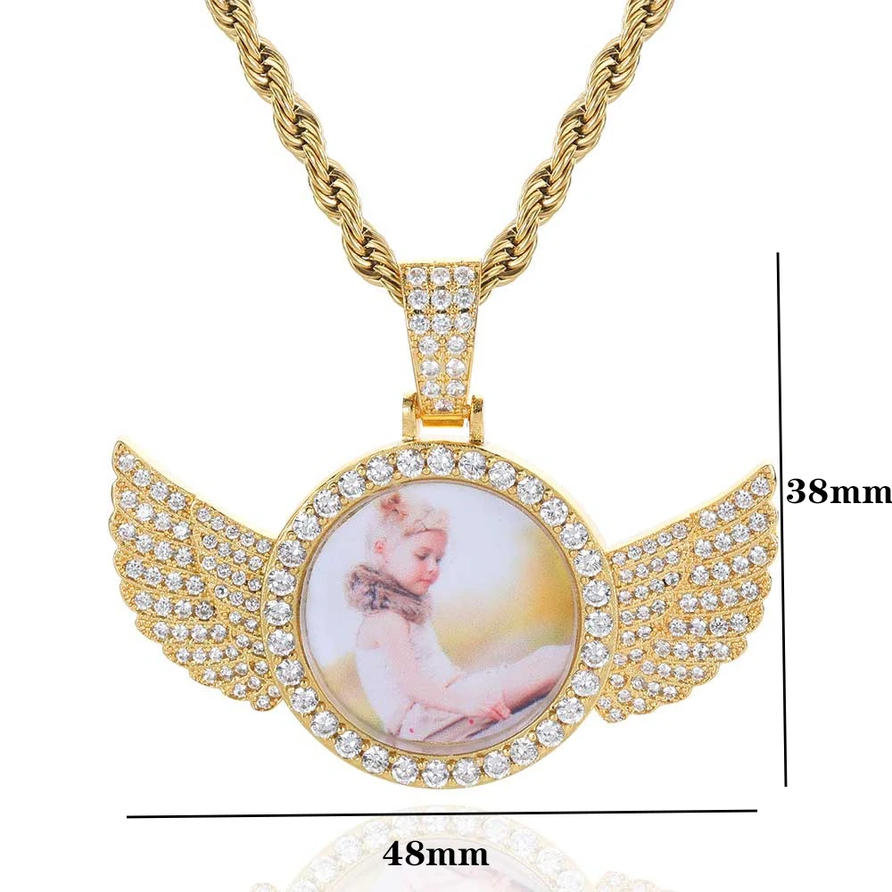 Dropshipping Hip Hop Personalized Pendant Bling CZ Memorial Picture Necklace Photo Custom Angel Free Engrave Wing Pendants