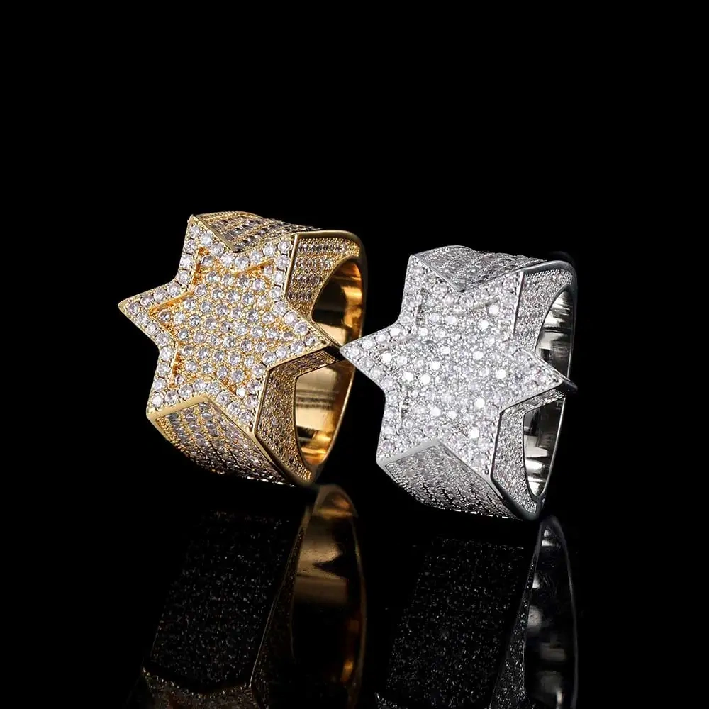 New Style Hip Hop Rapper Rock Jewelry Hexagonal Star Micro Pave 3A CZ Stone Ring For Women
