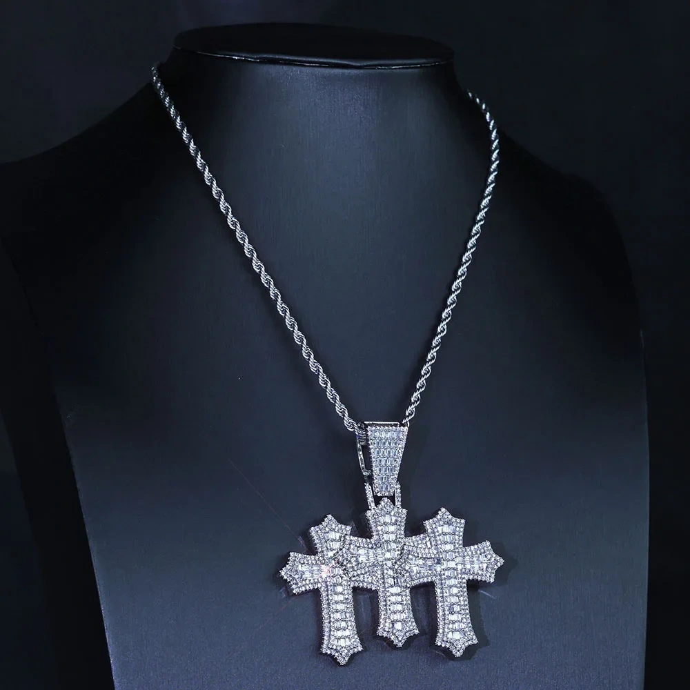 ESKEEM High Quality 3-in-1 Micro Pave Bling Baguette Cubic Zirconia Cross Pendant Silver Gold Plated Brass Diamond Charm Pendant
