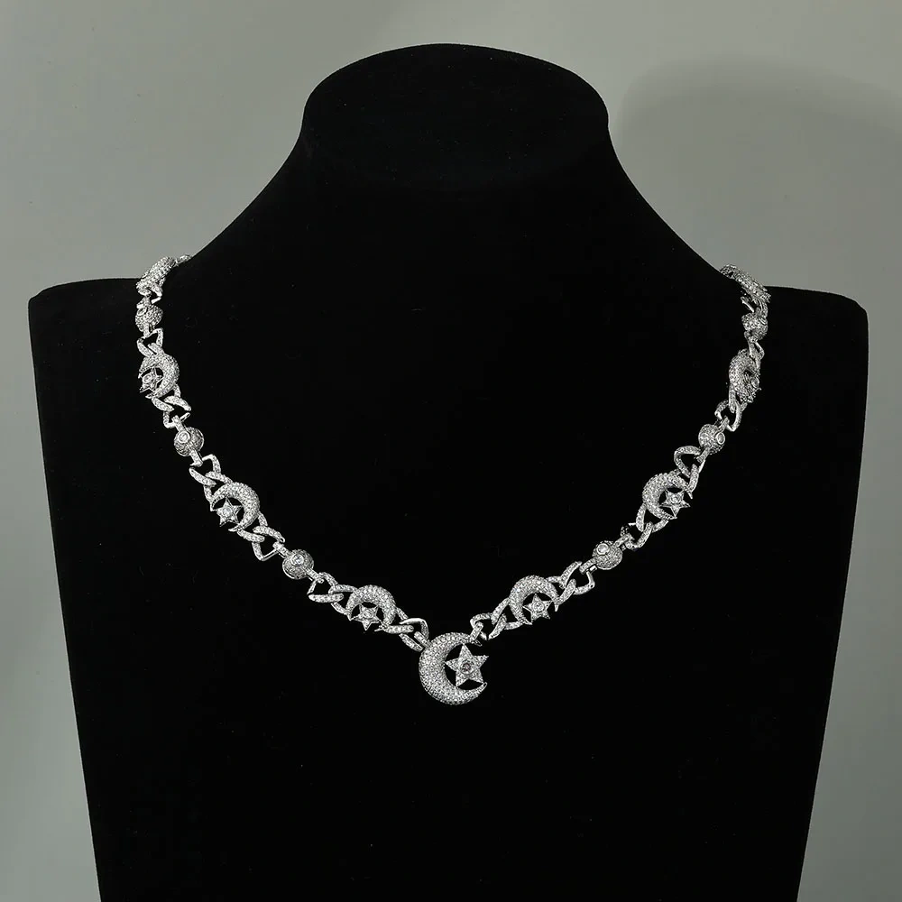 Hip Hop Iced Out CZ Necklace Sparkling Luxury Moon and Star Special Design Party Cuban Chain Jewelry For Men Women Gift