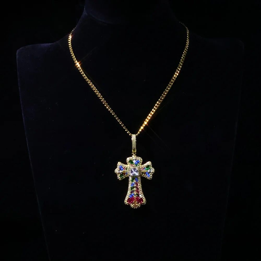 ESKEEM Custom Colorful Cross Pendant Large Baguette CZ Diamond Iced Out Charm Pendant Hip Hop Jewelry DropShipping Men Women
