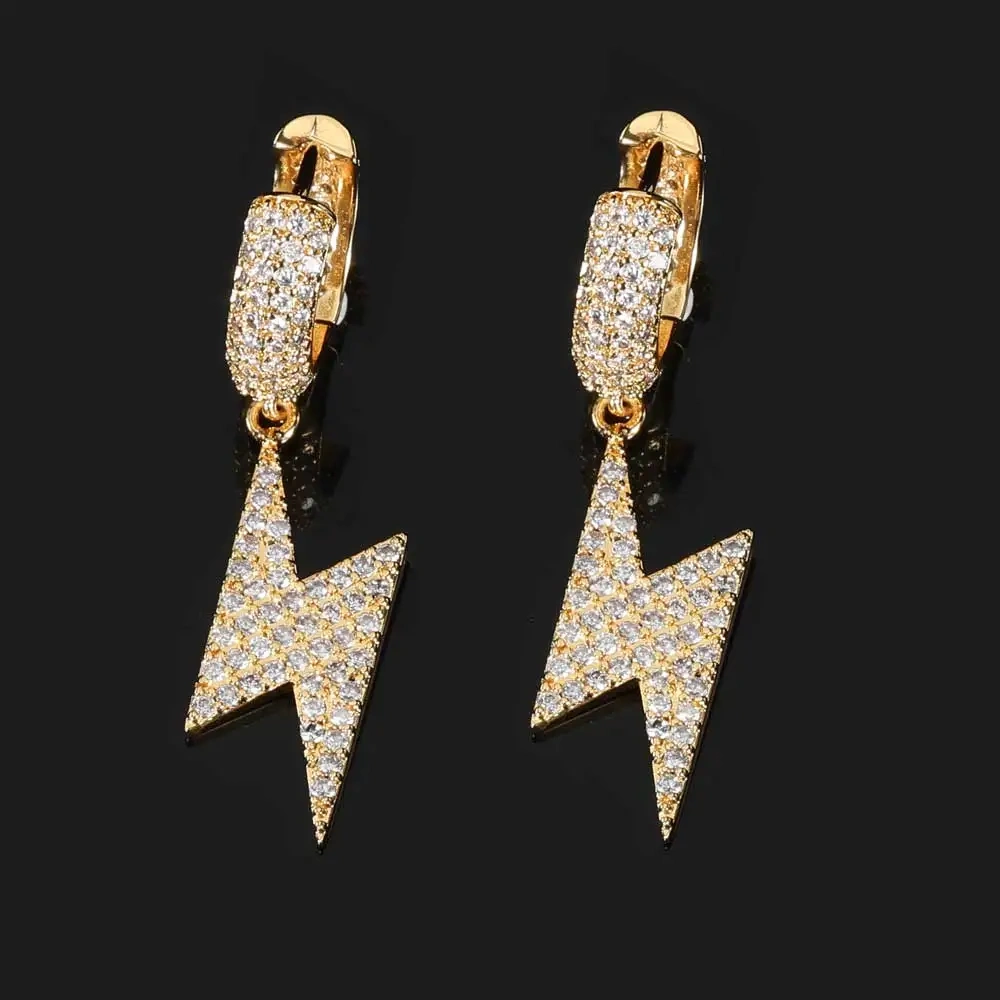 Drop Shipping Hip Hop Thick Hoop Earrings Bling Ice Out Cross CZ Zircon Plated Stud Lightning Earrings For Women Jewelry