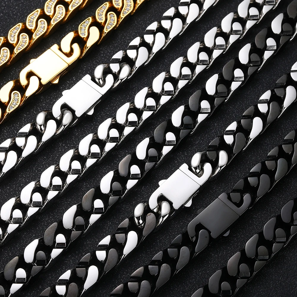 Hip Hop Rock Jewelry Miami Cuban Link Bracelet Stainless Steel CNC Inlaid Bling Ice Out PVD Plated Bracelet For Men