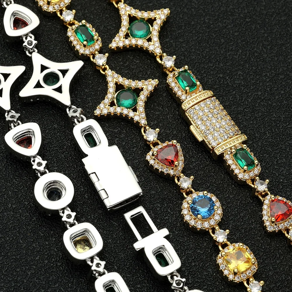 Dazzling Hip Hop Bracelets Mixed Gemstone & Cubic Zirconia 18K Gold-Plating Trendy Unisex Accessories for Men & Women