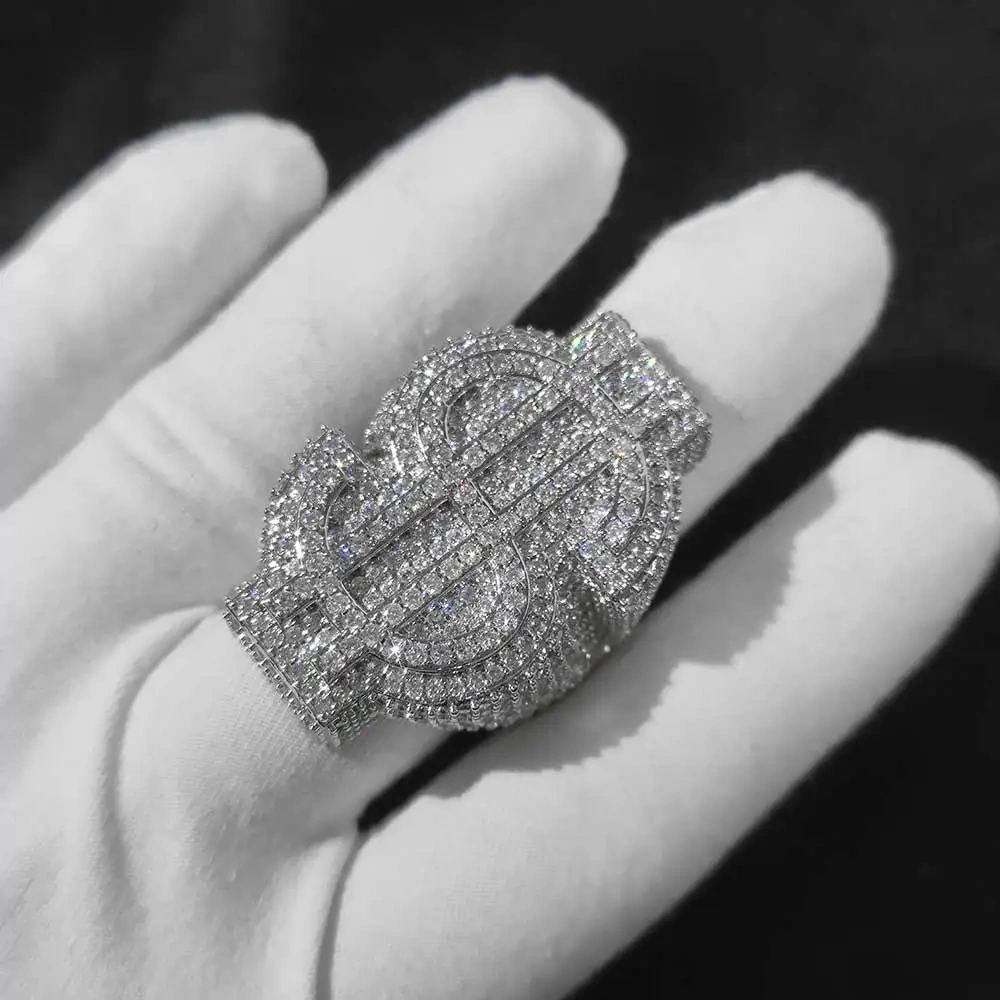 Hip Hop Full Ice Out $ Ring Copper With Zircon Money Big $ Sign Cut 18k Gold Plated Ring For Women Men Party Gift Drop Shipping