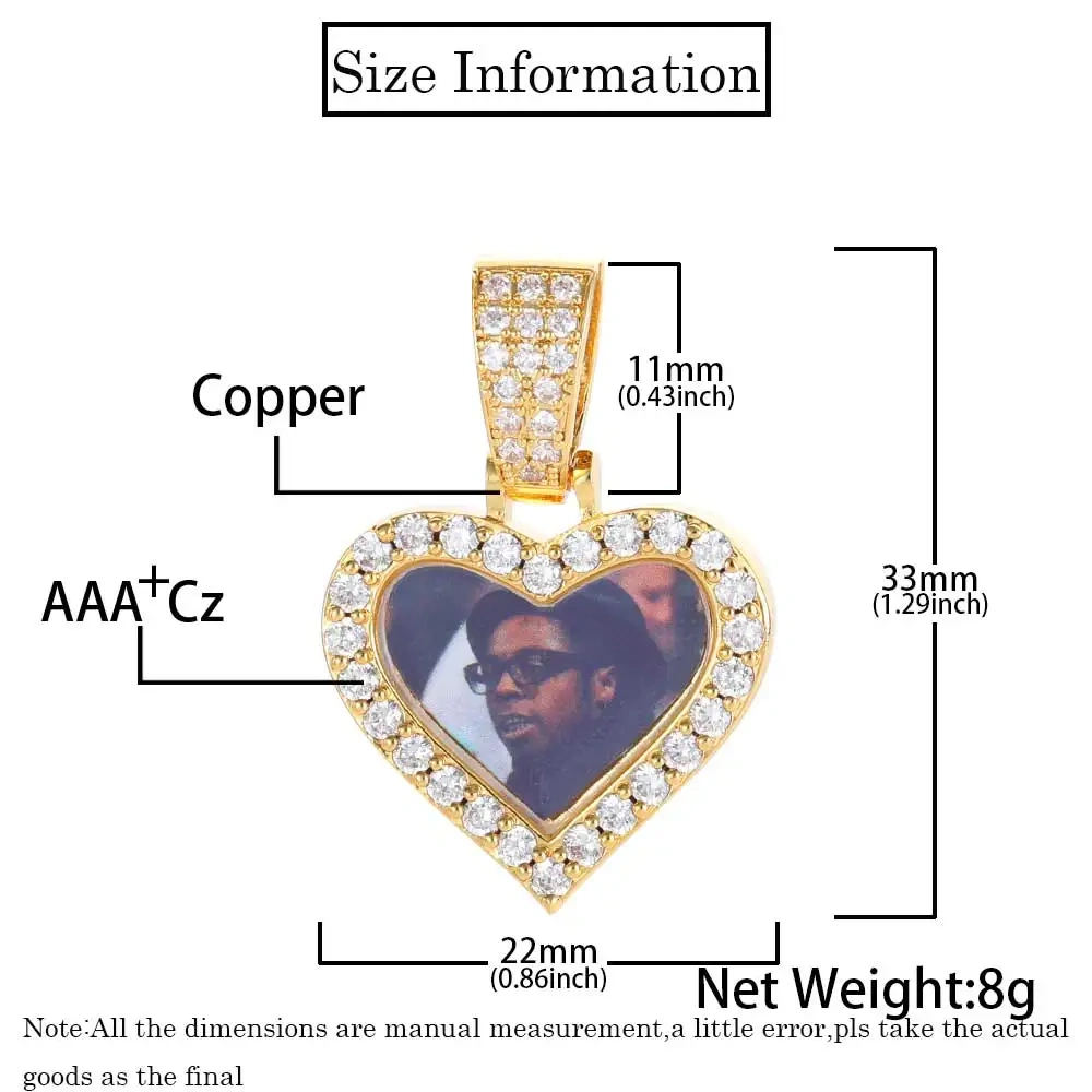 Hip Hop Custom Mini Heart Photo Pendant Unisex DIY Picture Frame Memory Necklace with Zircon for Weddings Parties Gifts