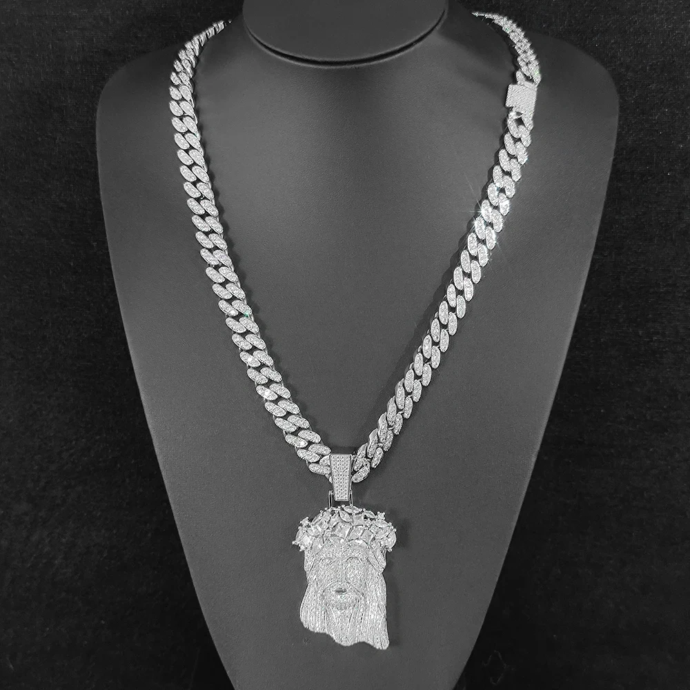 ESKEEM Bling Iced Out 5A CZ Jesus Face Pendant White Gold Plated Big Jesus Head Charm Hip Hop Jewelry wtih 12mm Cuban Chain